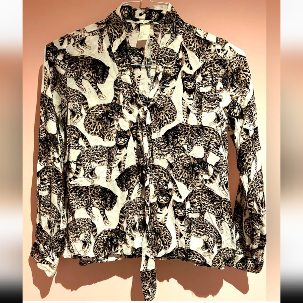 H&M Cat Print 3/4 Sleeve Cropped Blouse with Front Tie Sz 4